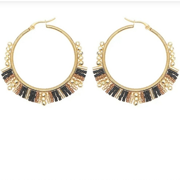 Beaded Hoop Earrings Black & Gold Miyuki Rice Beads - Picture 1 of 11